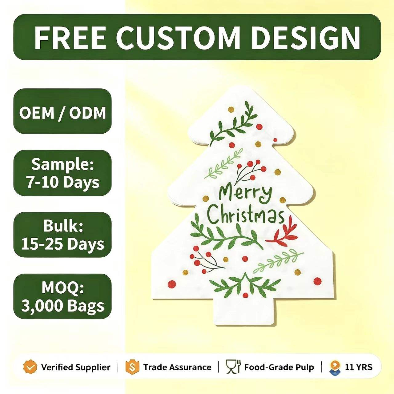 Christmas Tree Irregularly Printed Original Wood Pulp 4-fold