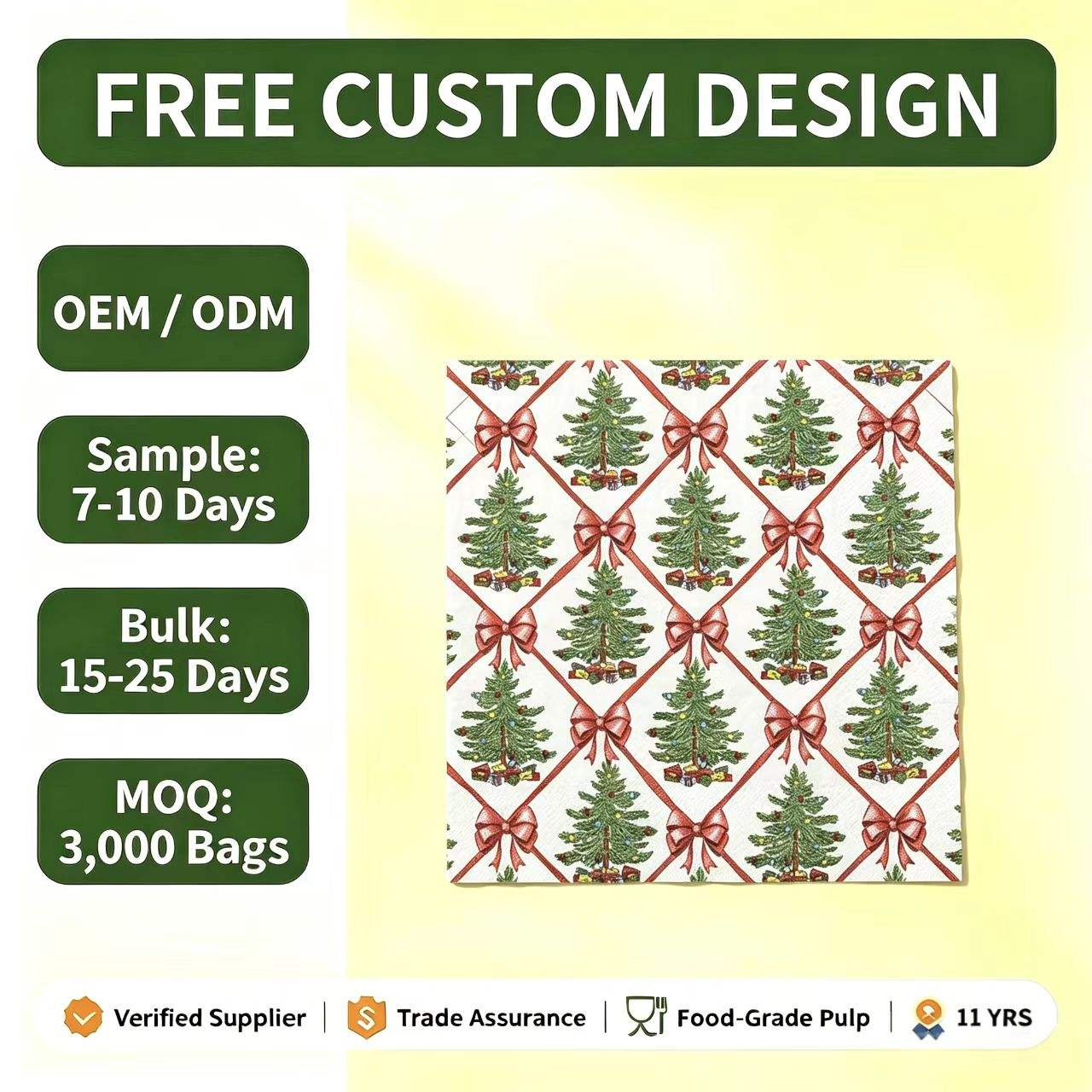 Fully Printed 25*25 Bowknot Christmas Tree Theme Ply Virgin