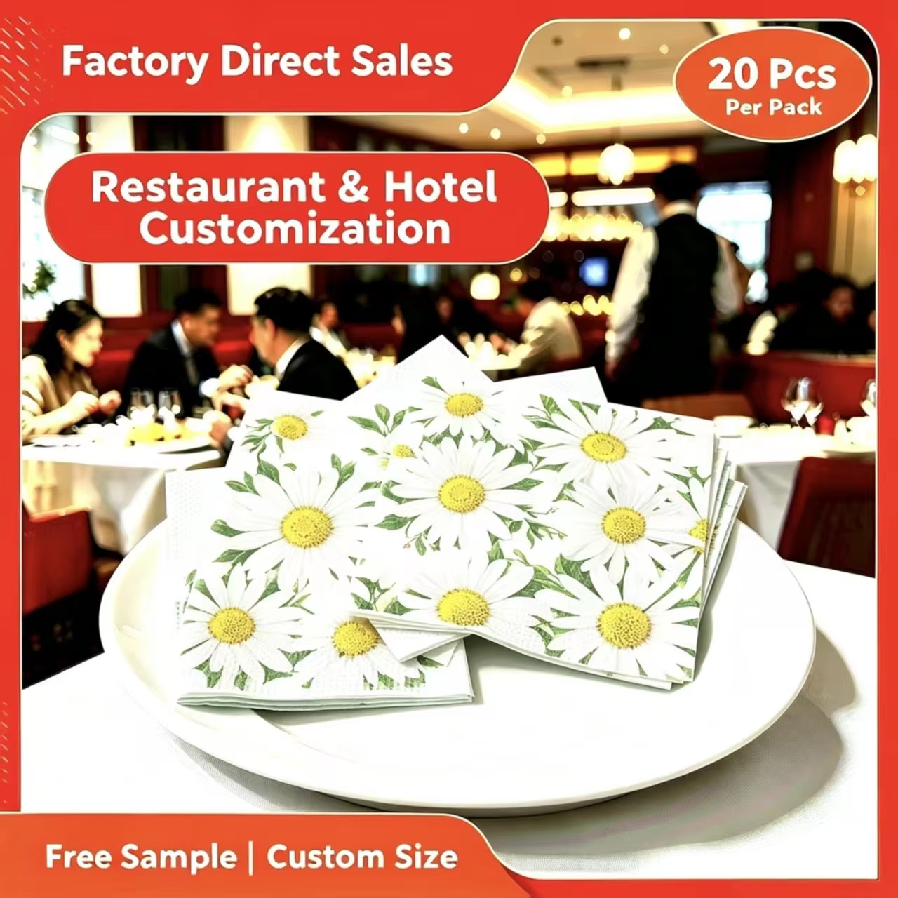 Beautiful Daisy-Pattern Printed 3 Ply Virgin Wood Pulp Dinne