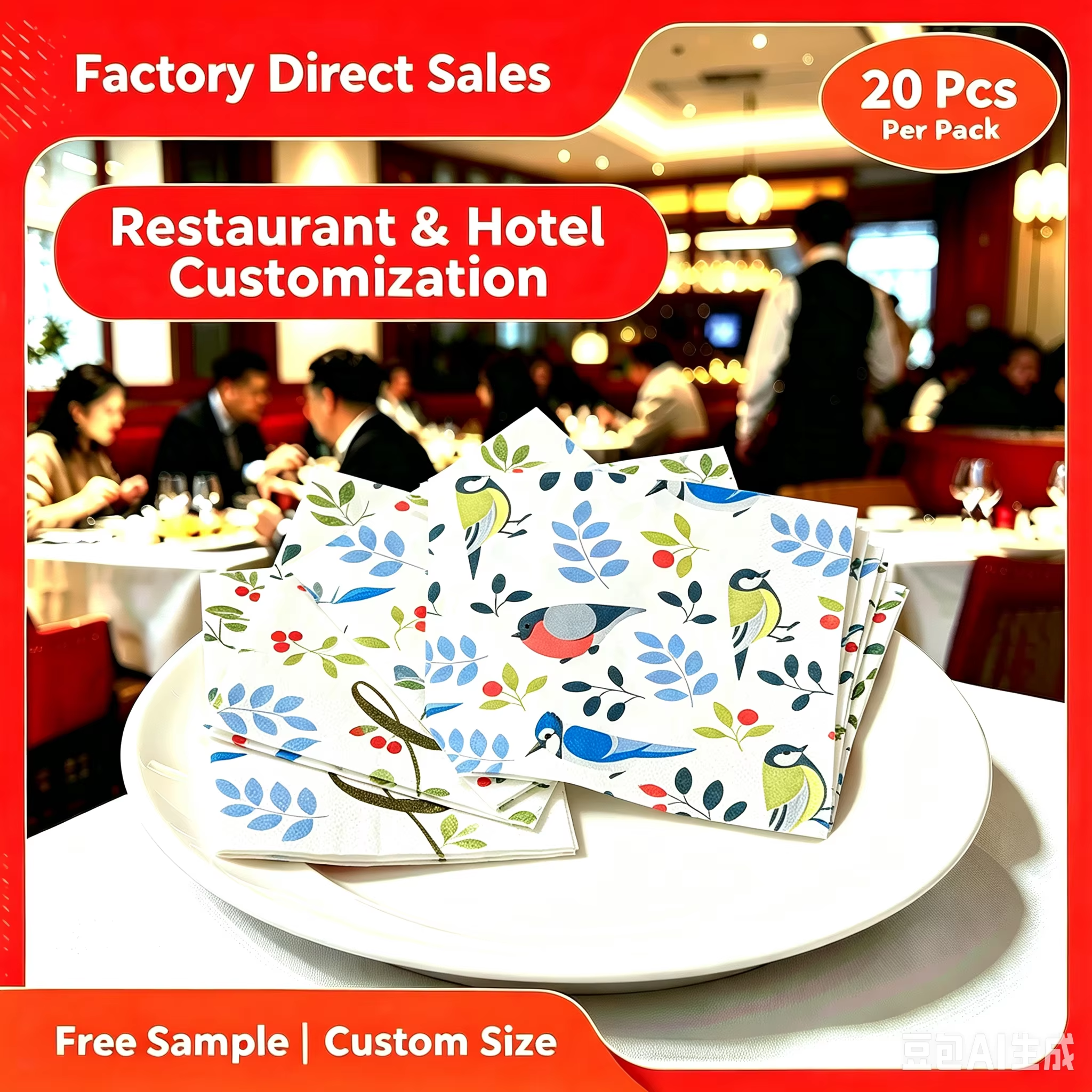 Customized Printed Dinner Napkins with Bag Style 2 Ply Virgi