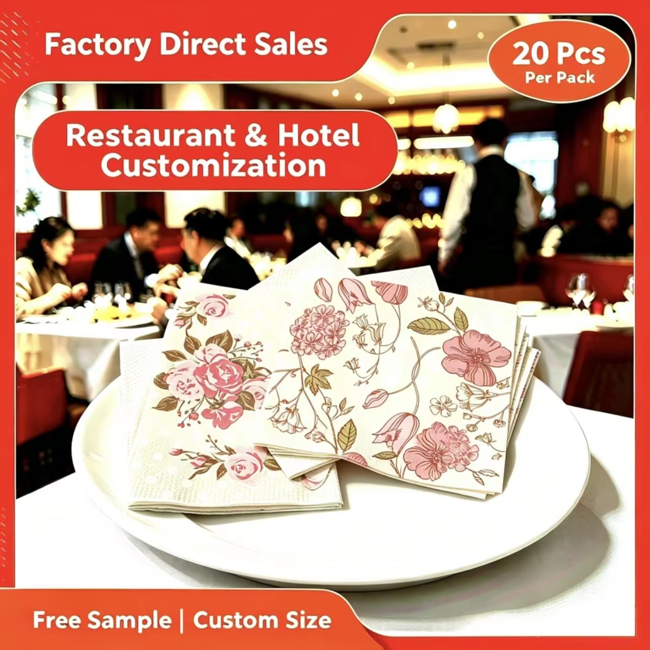 Elegant Printed Flower-Patterned 3 Ply Virgin Wood Pulp Dinn