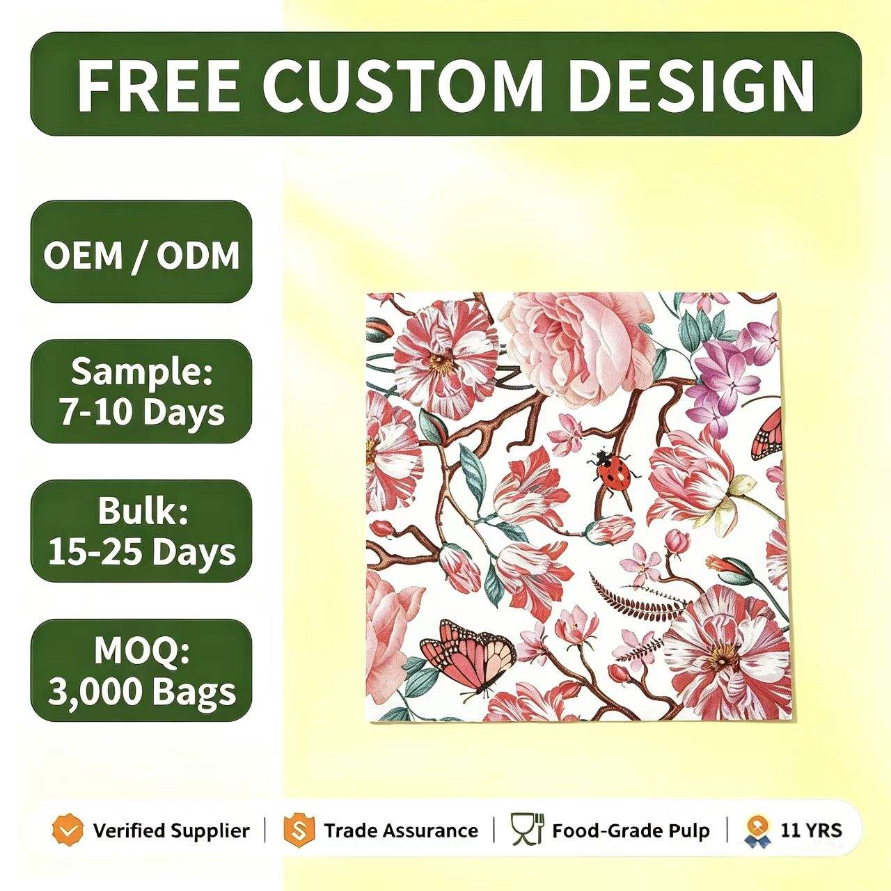 Full-page Printed pink Floral and Bird-style Napkins 33*33 c