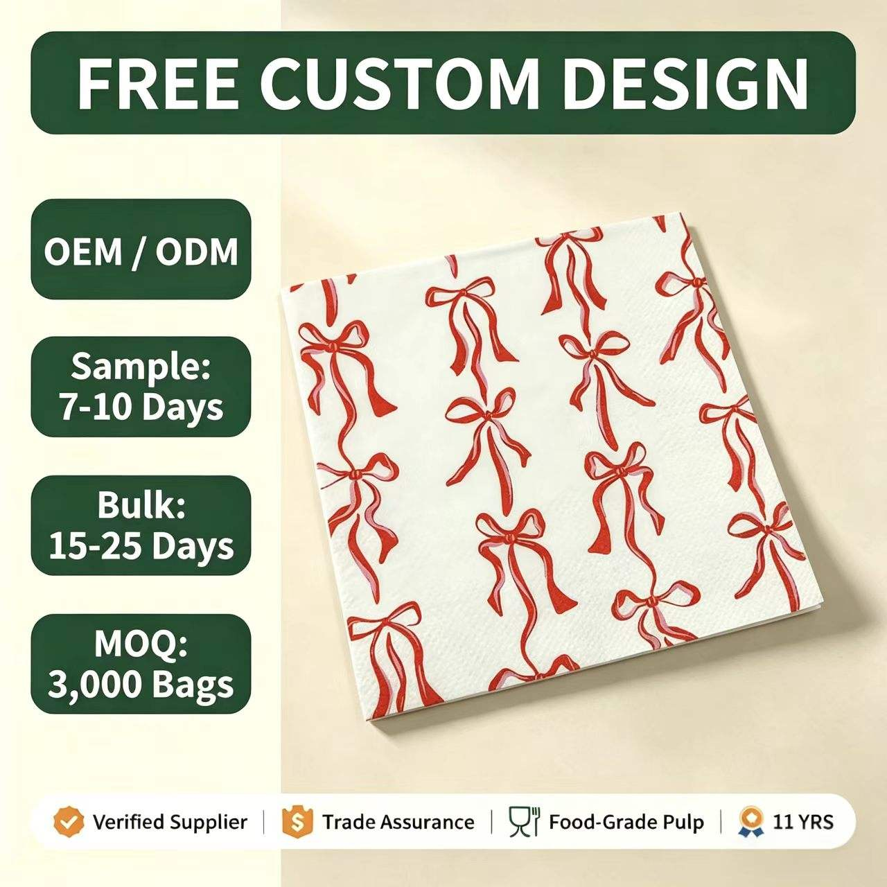Printed 25*25 Red Bow Theme Virgin Wood Pulp 4-fold Napkin T