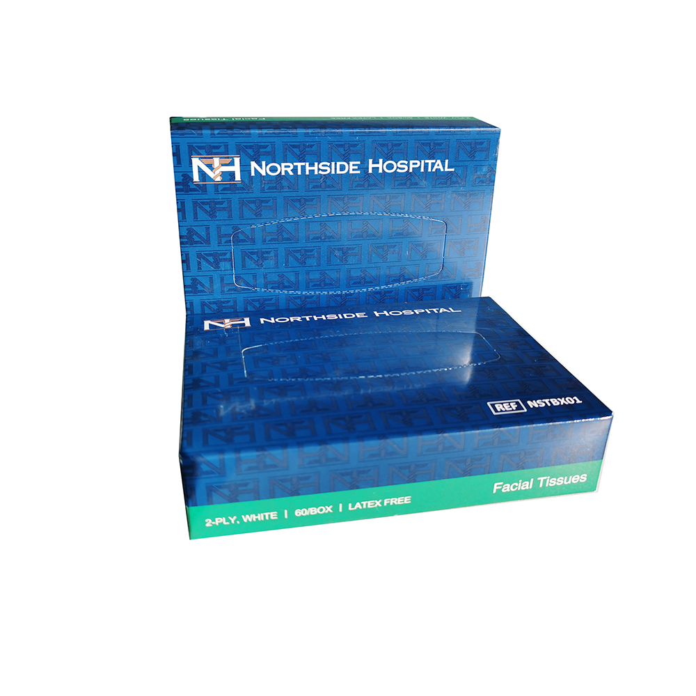 Small blue box designed for packaging facial tissue