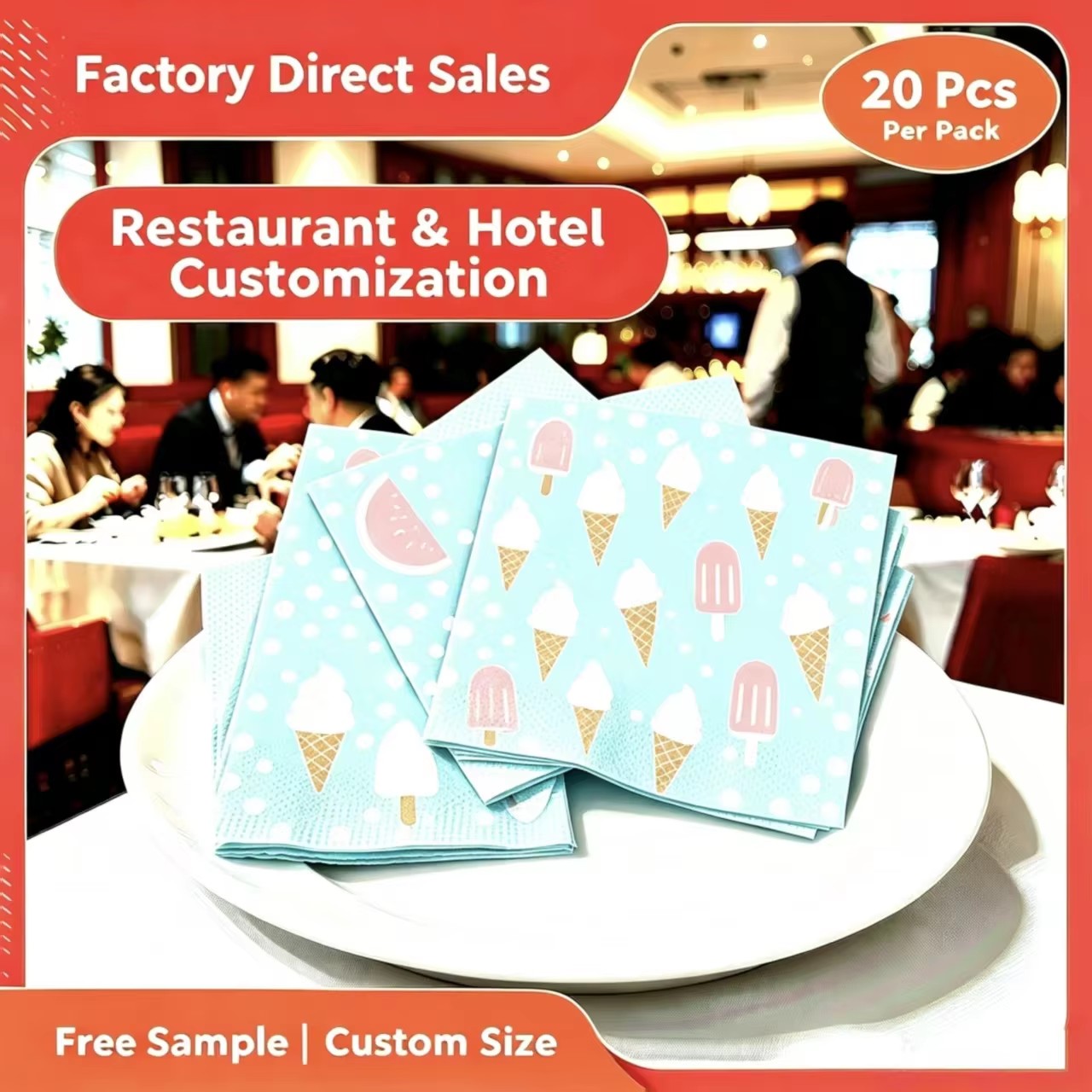 High Quality Printed 3 Ply Virgin Wood Pulp Dinner Napkins f